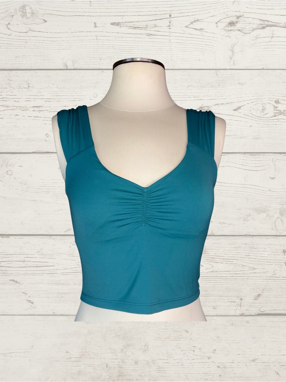 OFFLINE Aerie Real Me Teal Ruched Crop Top Built In Bra Sz S Athleisure Sculpt